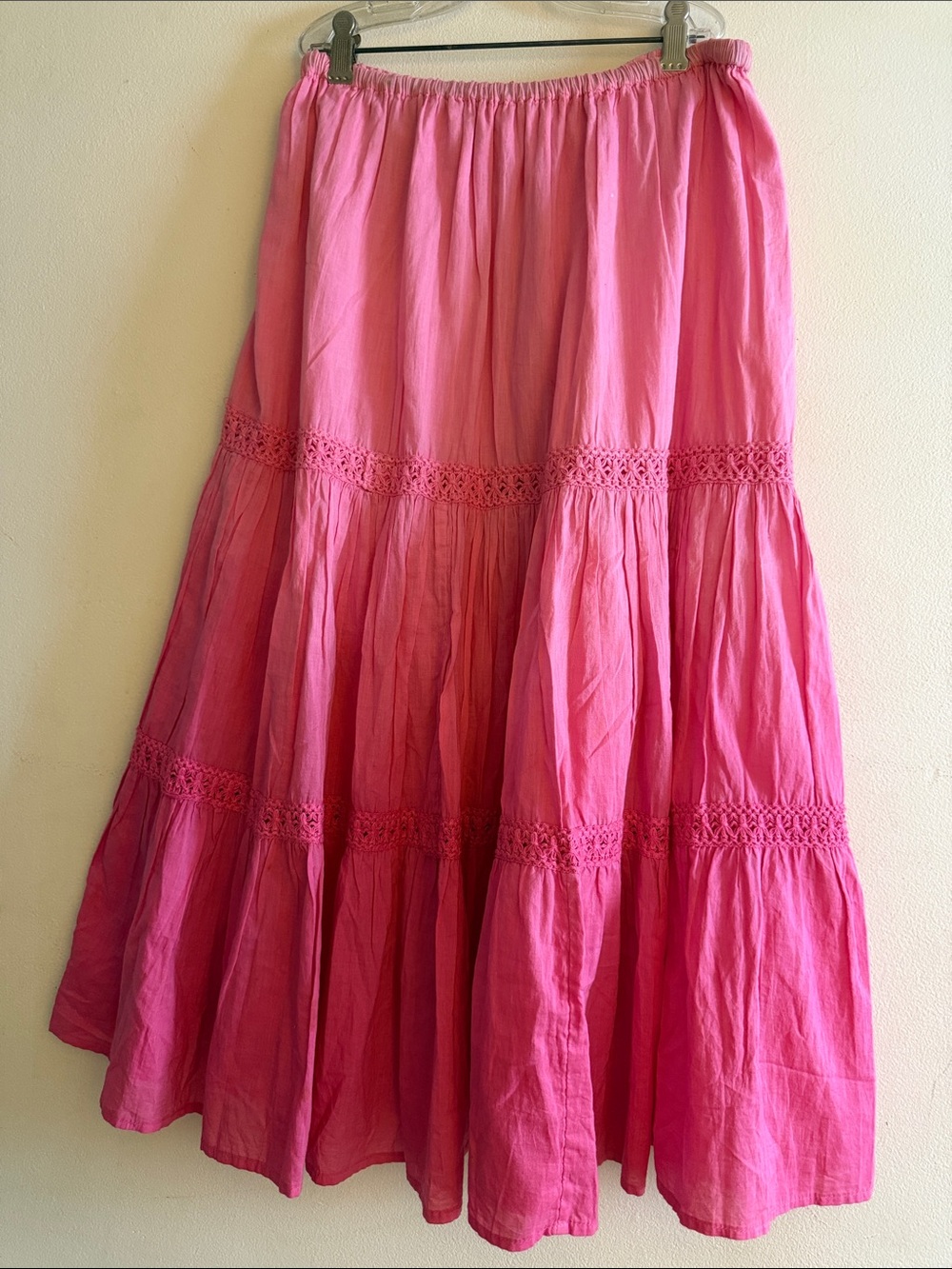 Magic Pink Tiered Maxi Skirt with Crochet Trim